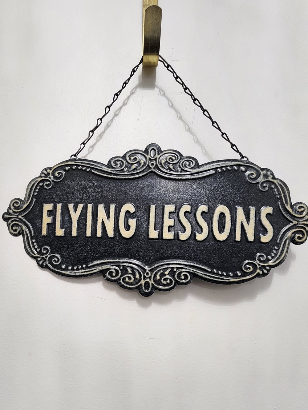 Metal  Wall Sign - Flying Lessons. Black and Cream Ornate Decorative Plaque